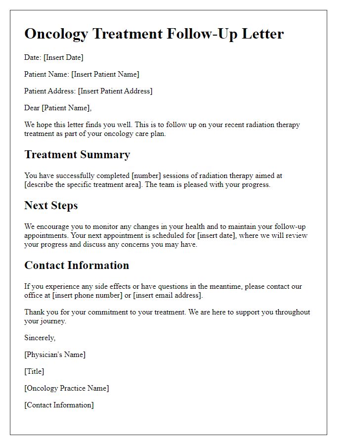 Letter template of oncology treatment follow-up for patients undergoing radiation therapy.