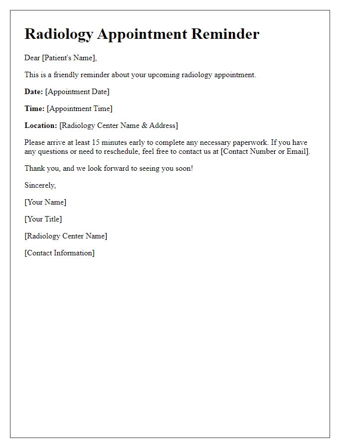 Letter template of Radiology Appointment Reminder