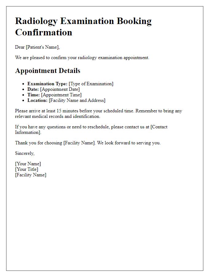 Letter template of Radiology Examination Booking