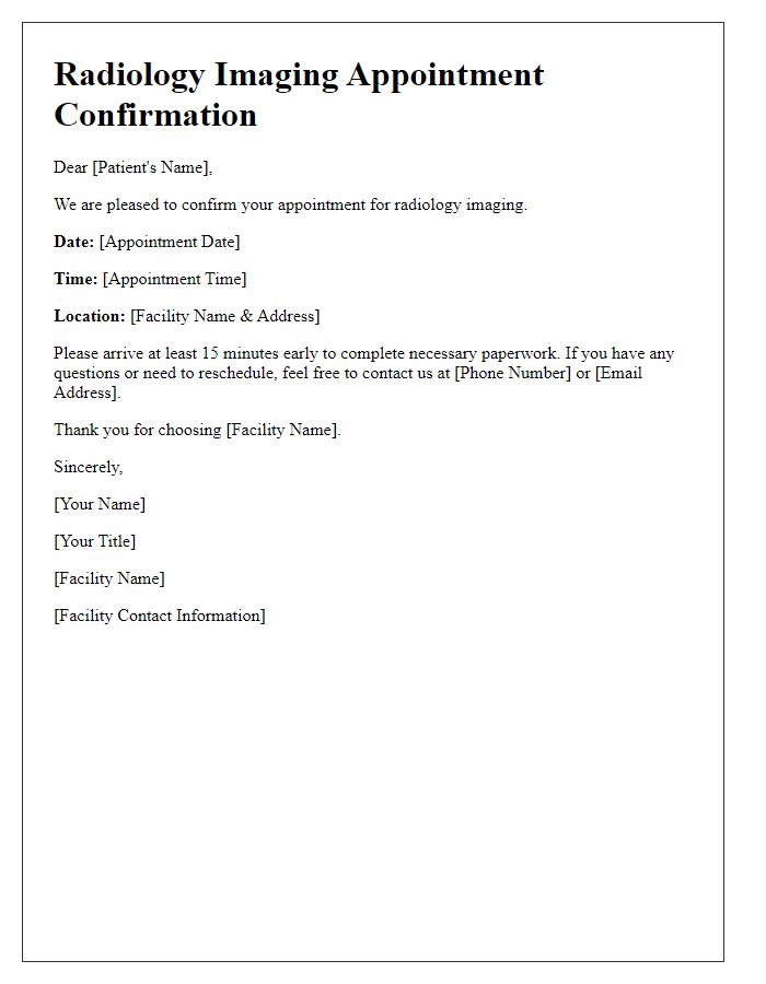 Letter template of Radiology Imaging Appointment Setup