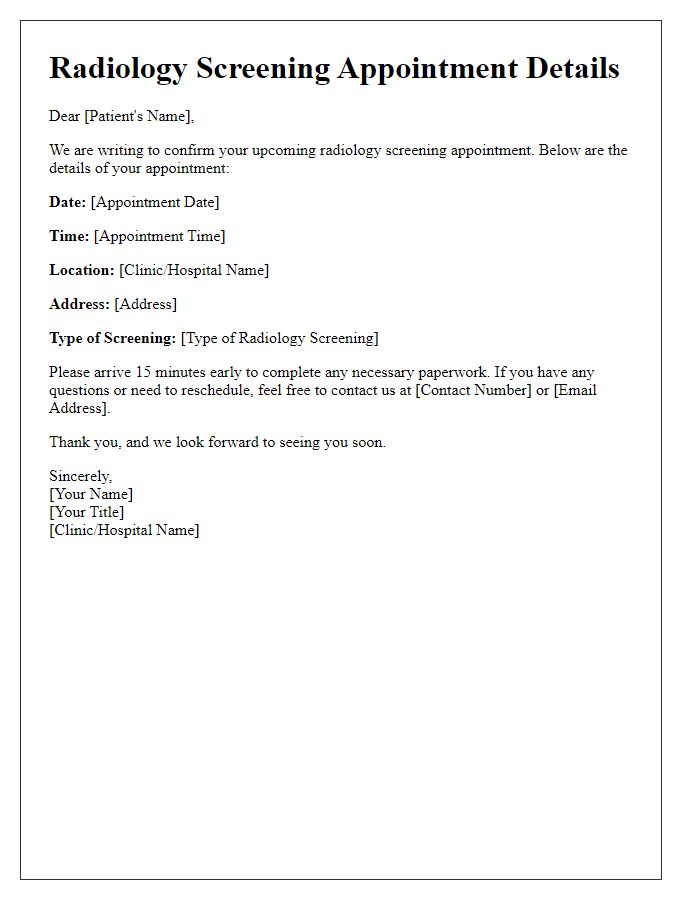 Letter template of Radiology Screening Appointment Details