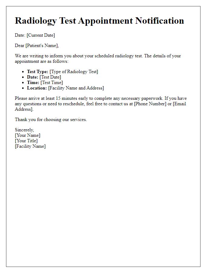 Letter template of Radiology Test Date Notification