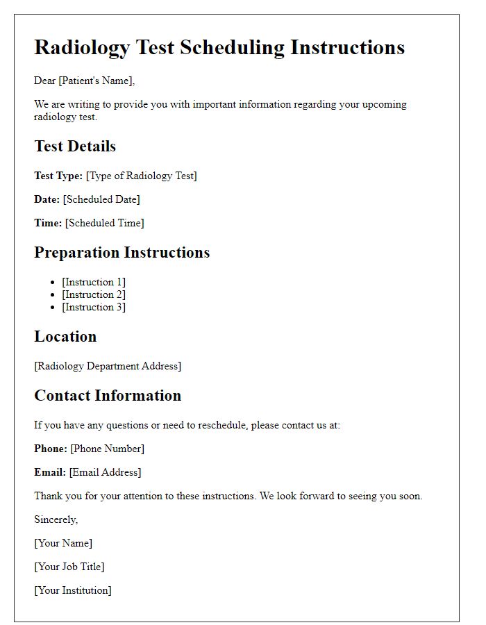 Letter template of Radiology Test Scheduling Instructions