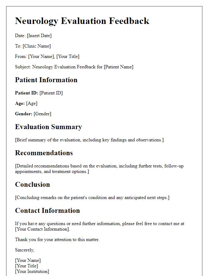 Letter template of neurology evaluation feedback for clinics