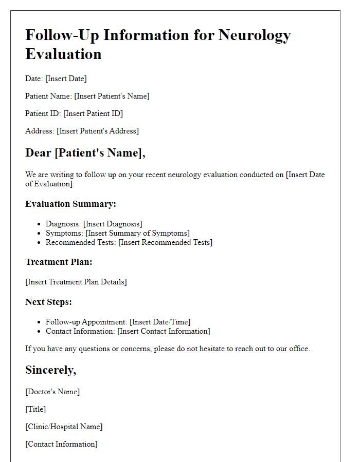 Letter template of neurology evaluation follow-up information