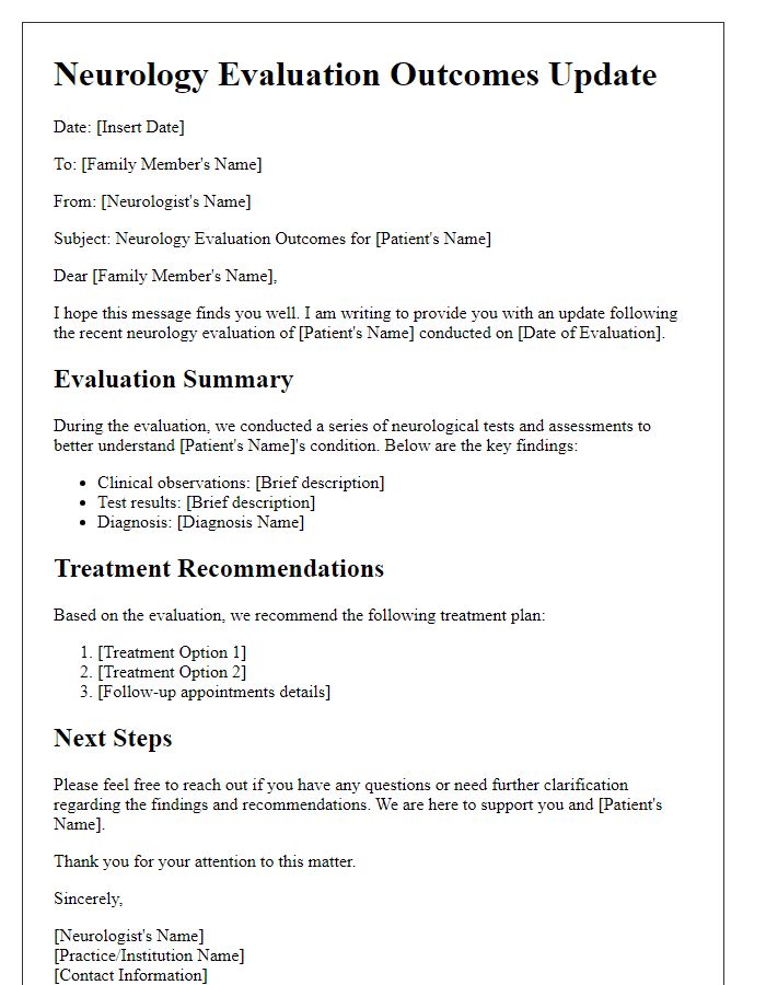 Letter template of neurology evaluation outcomes for family update