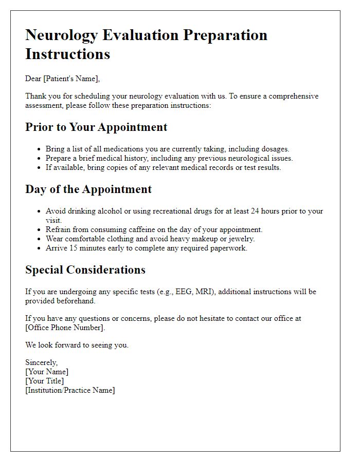 Letter template of neurology evaluation preparation instructions