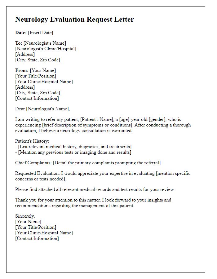 Letter template of neurology evaluation request for patient referral