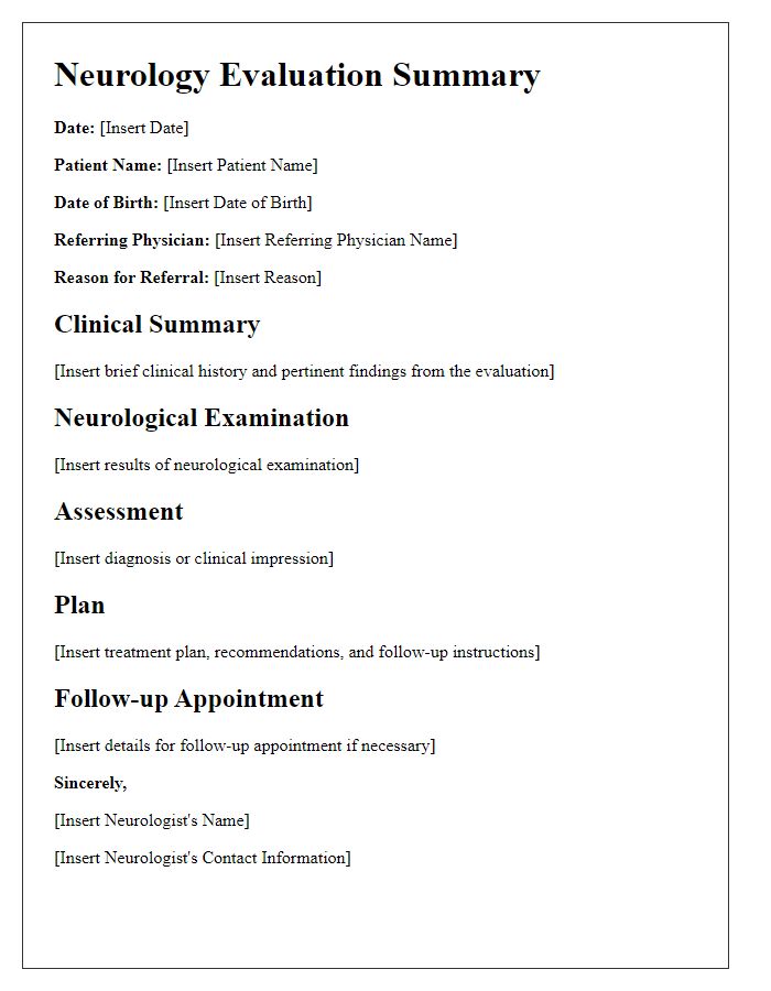 Letter template of neurology evaluation summary for primary care