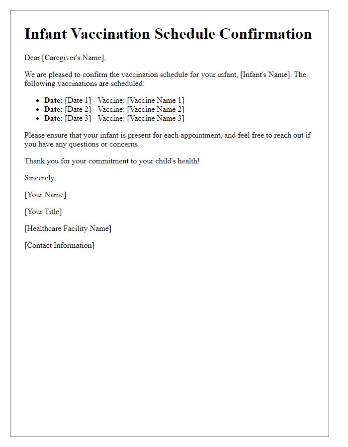 Letter template of infant vaccination schedule confirmation for caregivers.