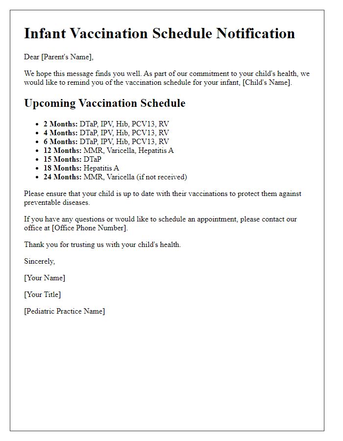 Letter template of infant vaccination schedule for pediatricians.