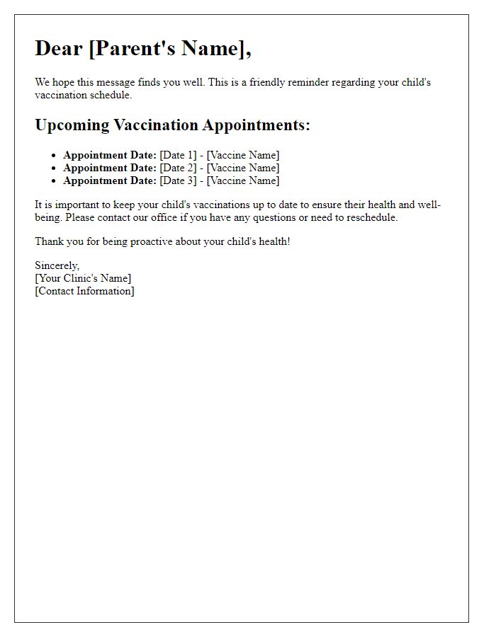 Letter template of infant vaccination schedule reminder for parents.