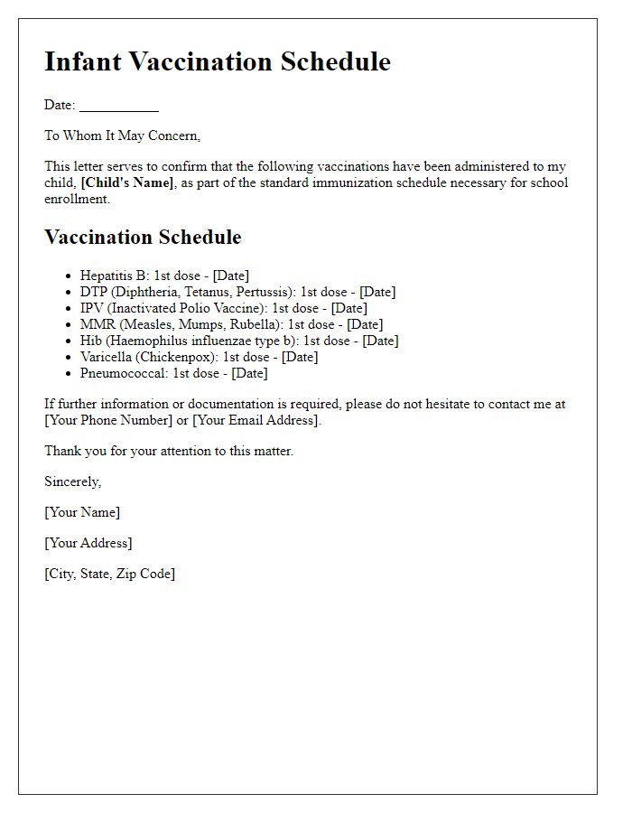 Letter template of infant vaccination schedule for school enrollment purposes.