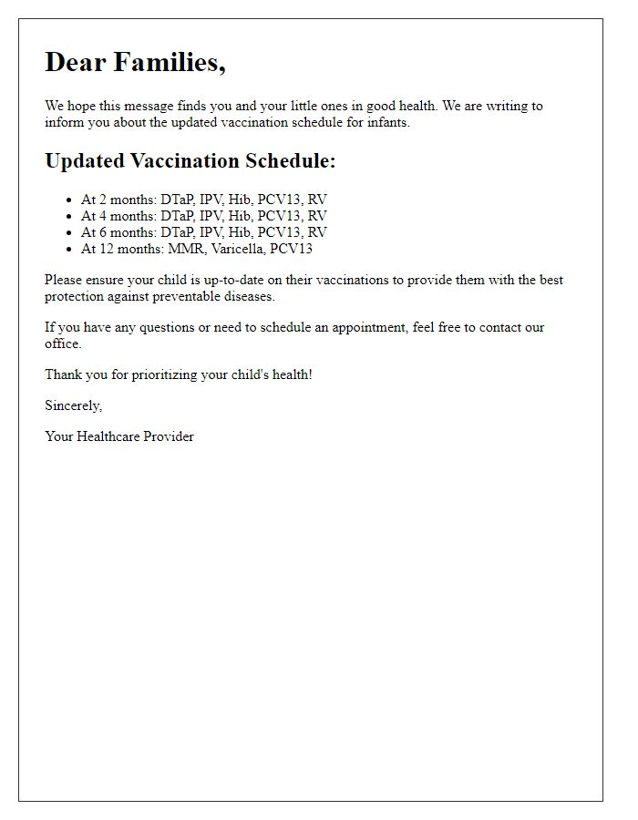 Letter template of infant vaccination schedule updates for families.