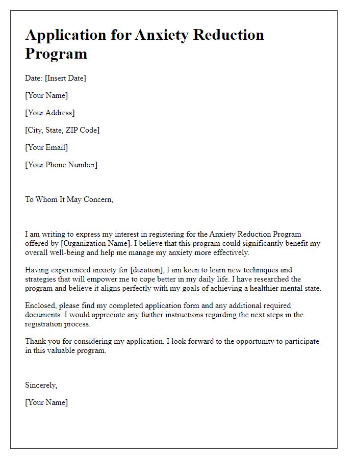 Letter template of application for anxiety reduction program registration.