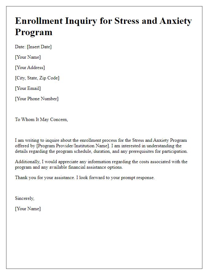 Letter template of enrollment inquiry for stress and anxiety program.