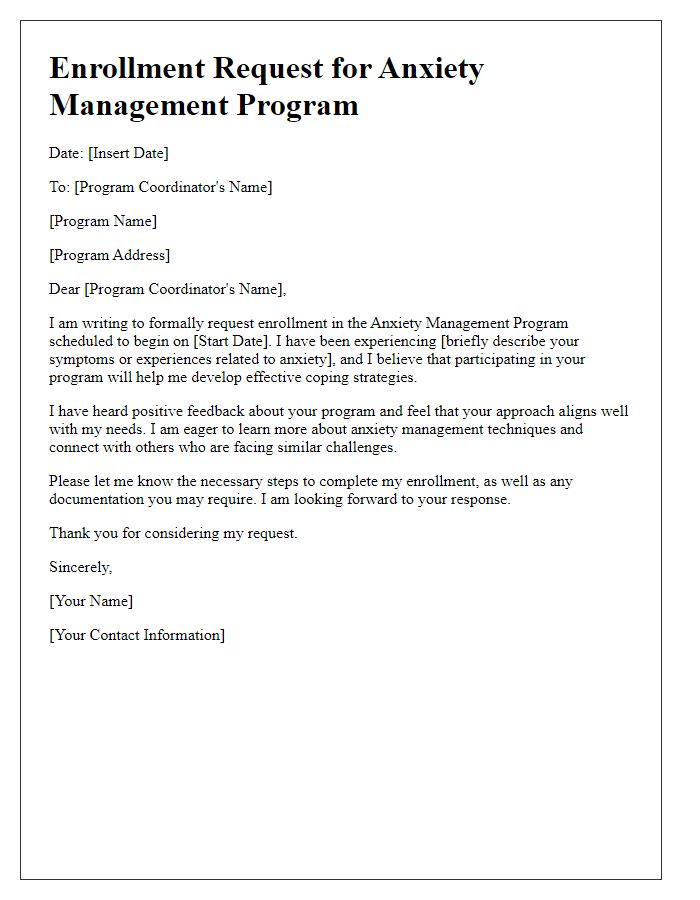 Letter template of enrollment request for anxiety management program participation.