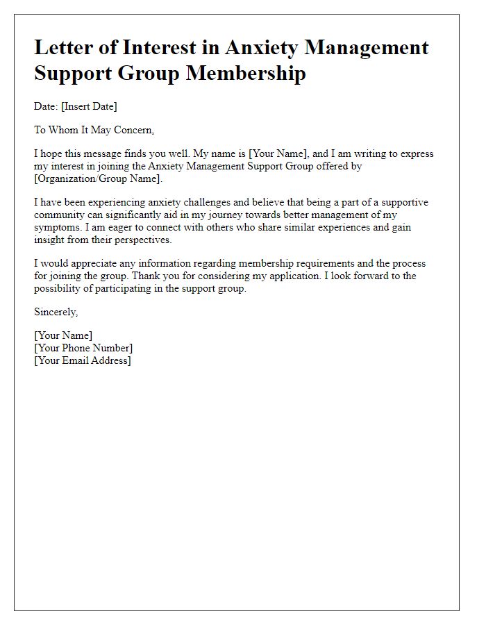 Letter template of interest in anxiety management support group membership.