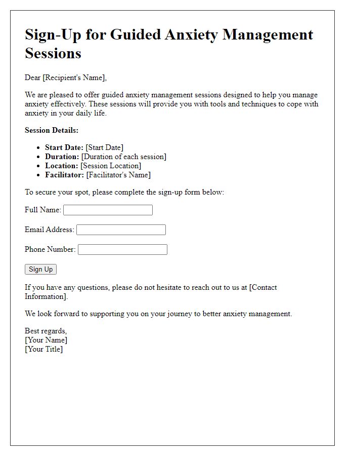 Letter template of sign-up for guided anxiety management sessions.