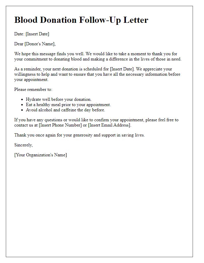 Letter template of blood donation commitment follow-up