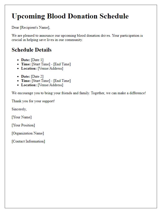 Letter template of upcoming blood donation schedule