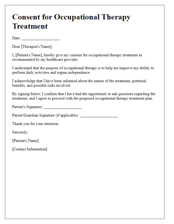 Letter template of consent for occupational therapy treatment