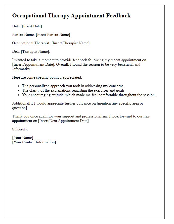 Letter template of feedback after occupational therapy appointment