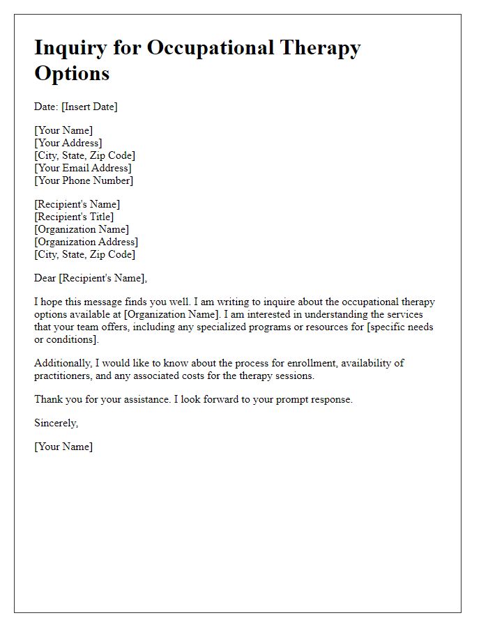 Letter template of inquiry for occupational therapy options