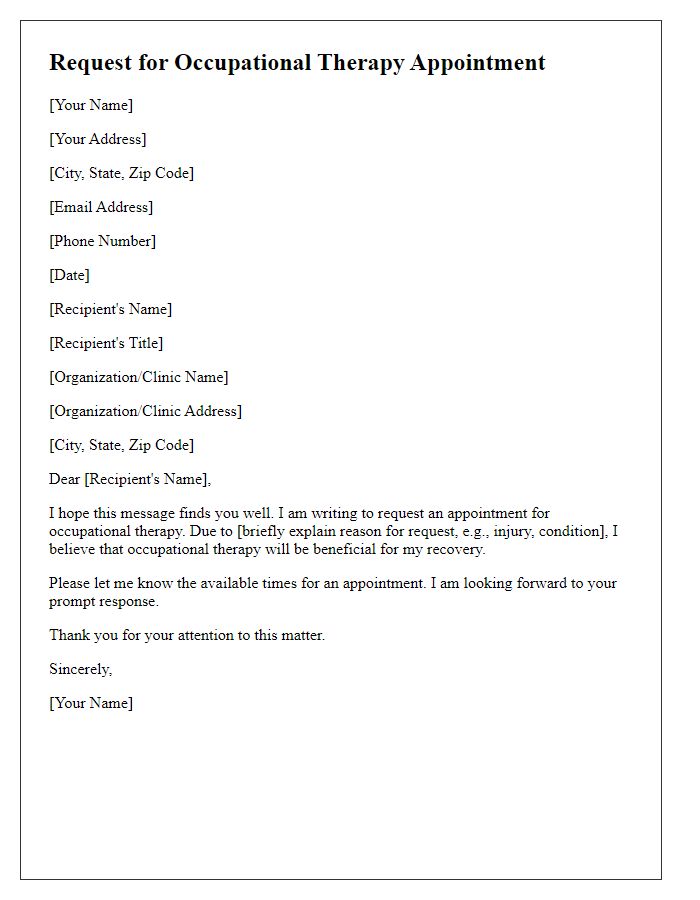 Letter template of request for occupational therapy appointment