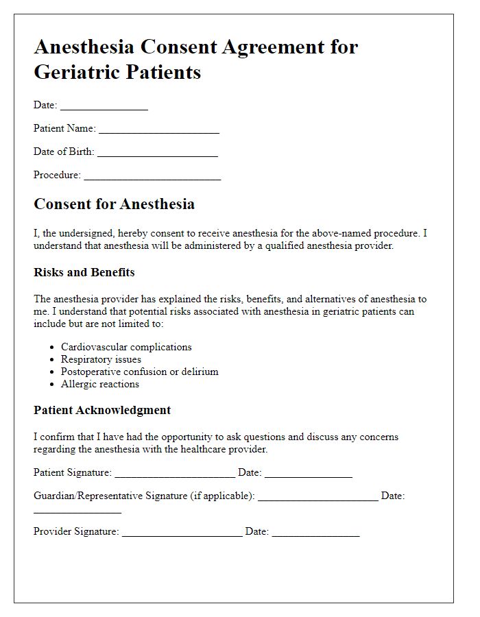 Letter template of anesthesia consent agreement for geriatric patients.