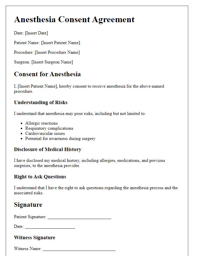 Letter template of anesthesia consent agreement for outpatient surgery.