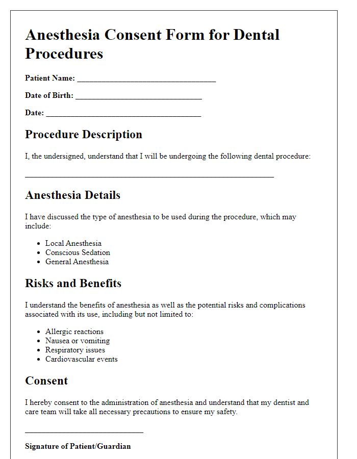 Letter template of anesthesia consent form for dental procedures.