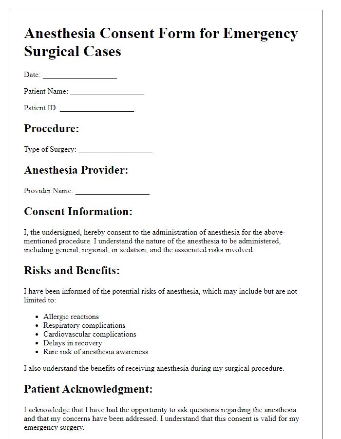 Letter template of anesthesia consent form for emergency surgical cases.