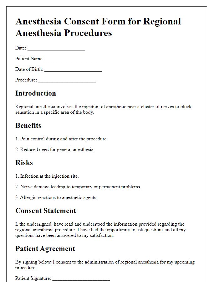 Letter template of anesthesia consent form for regional anesthesia procedures.