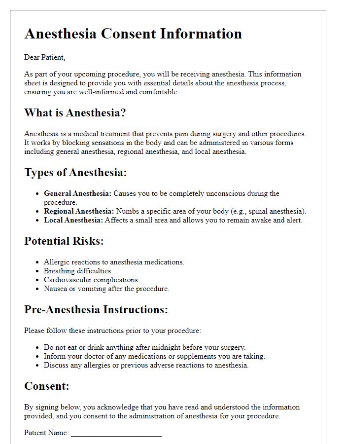 Letter template of anesthesia consent information sheet for patients undergoing anesthesia.