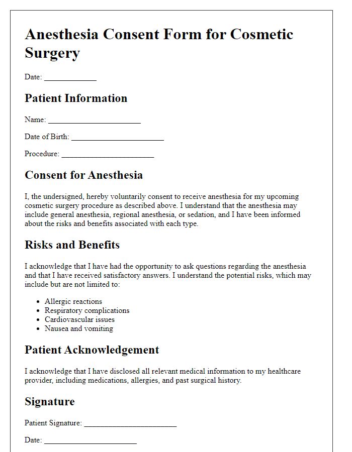 Letter template of anesthesia consent template for cosmetic surgery.