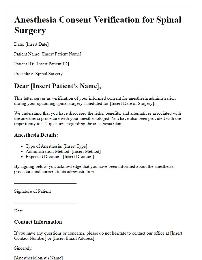 Letter template of anesthesia consent verification for spinal surgeries.