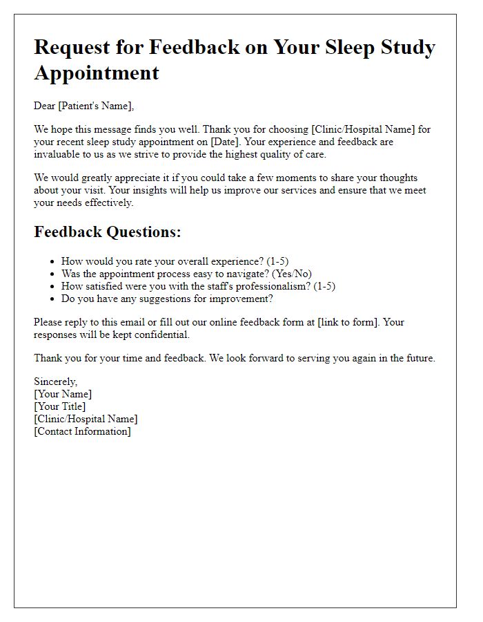 Letter template of sleep study appointment feedback request