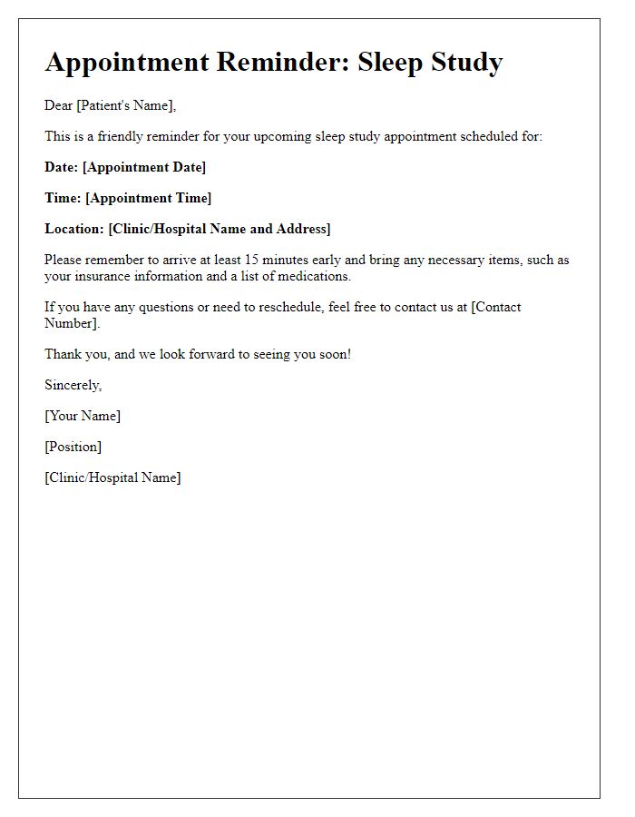 Letter template of sleep study appointment reminder