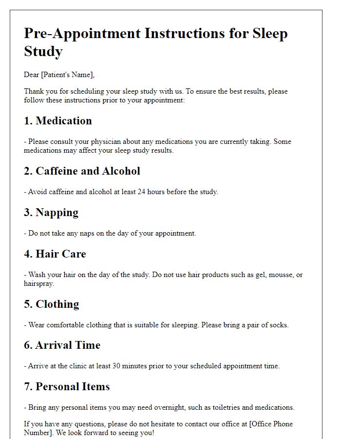 Letter template of sleep study pre-appointment instructions