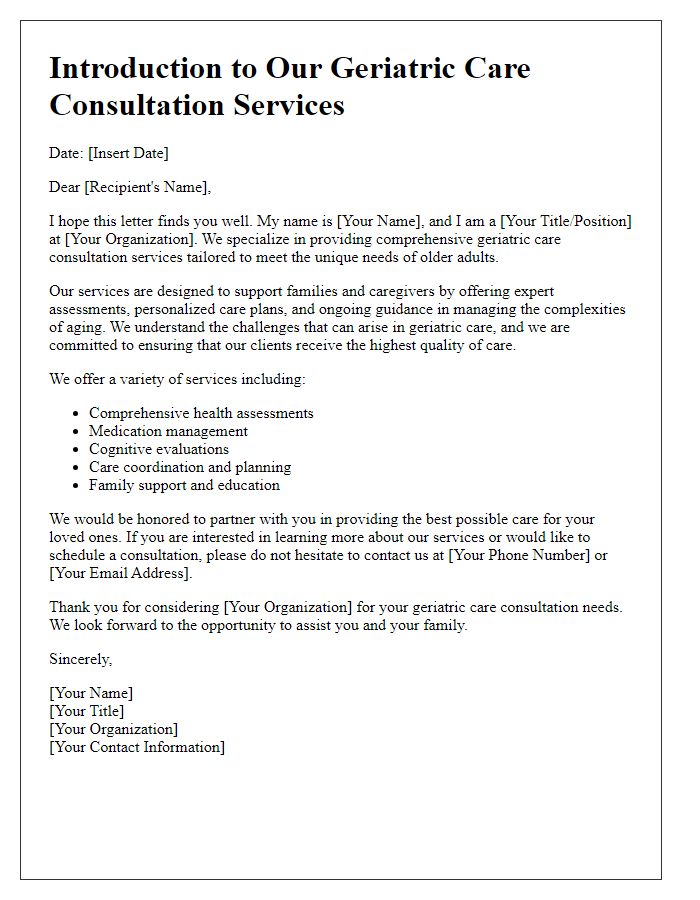 Letter template of introduction for geriatric care consultation services