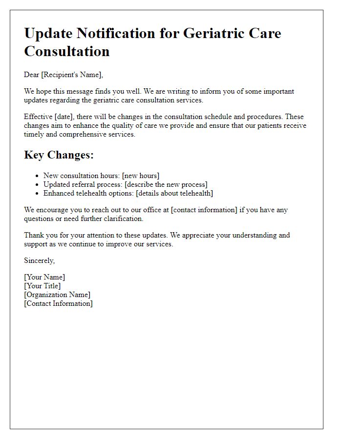 Letter template of update notification for geriatric care consultation changes