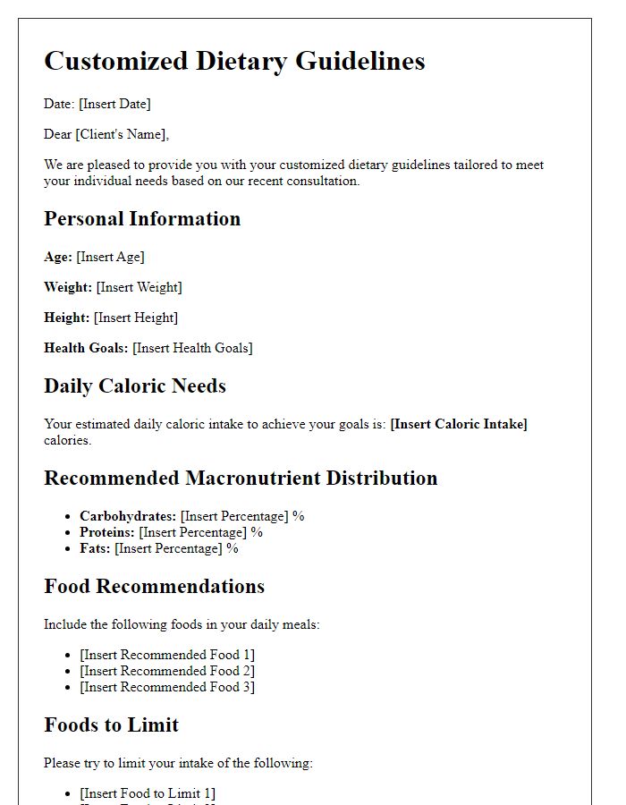 Letter template of customized dietary guidelines for individual needs.