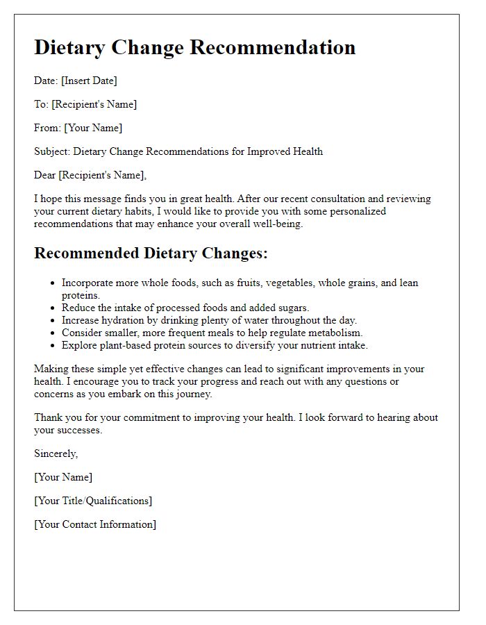 Letter template of dietary change recommendation for improved health.