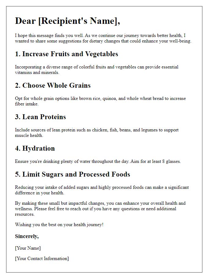 Letter template of health-focused diet changes suggestion.