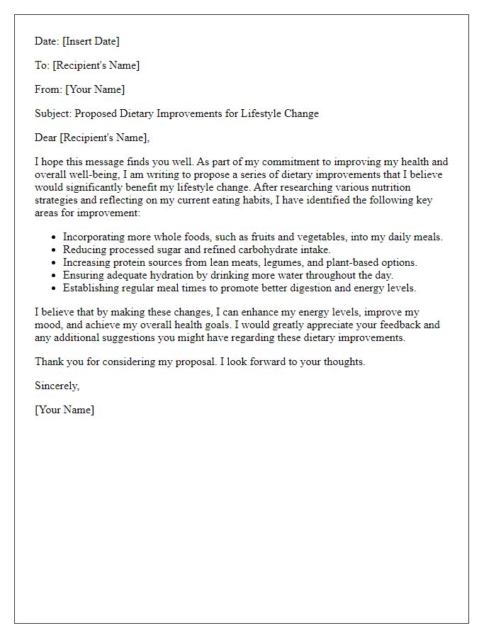 Letter template of proposed dietary improvements for lifestyle change.