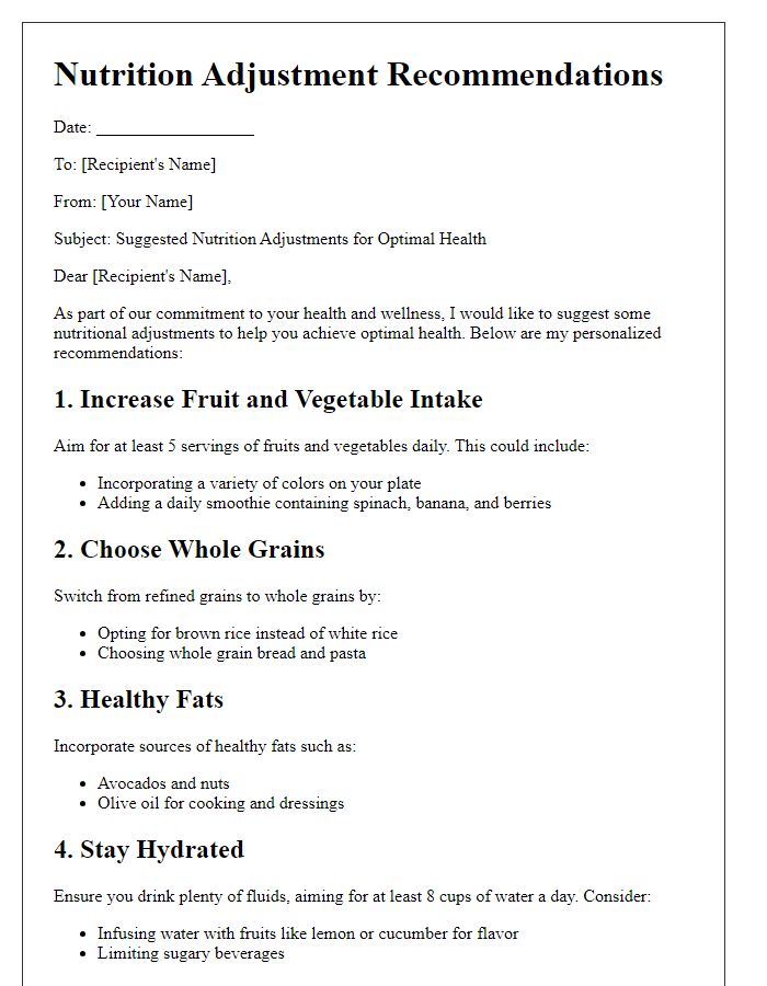 Letter template of suggested nutrition adjustments for optimal health.