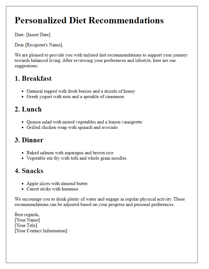 Letter template of tailored diet recommendations for balanced living.