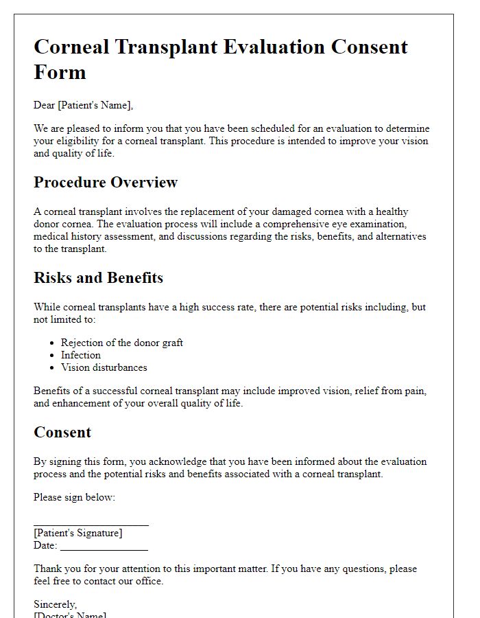 Letter template of corneal transplant evaluation consent form