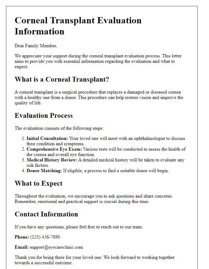 Letter template of corneal transplant evaluation information for family members